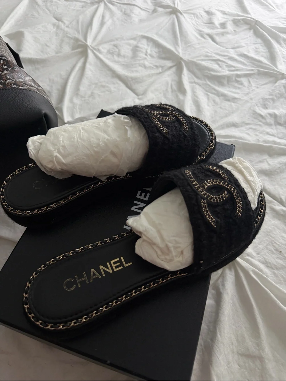 CHANEL Black Faux-Fur Slide Mules with Gold Chain CC